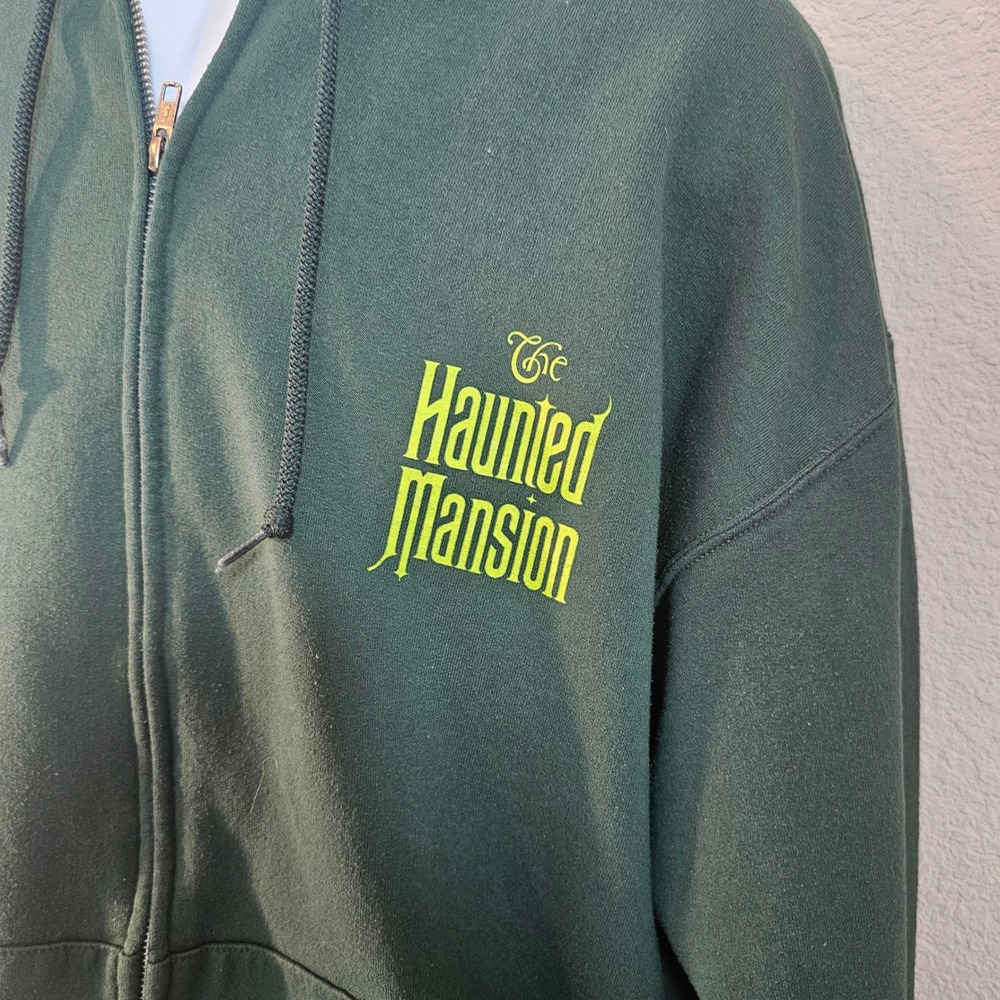 Haunted Mansion green zip up hoodie size large three thumbs up hat box ghost - Picture 2 of 5